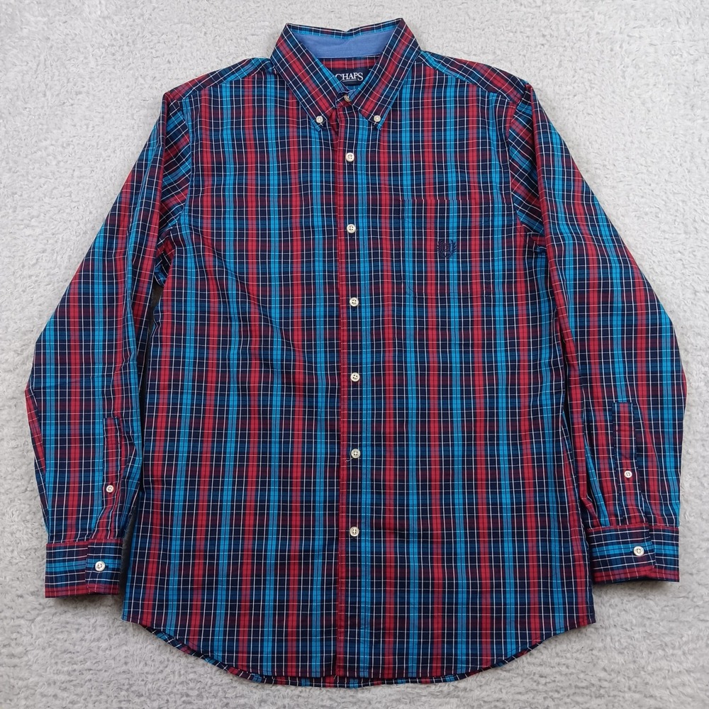 Chaps Shirt Button Down Mens M Red Blue Plaid Stretch Easy Care Long Sleeve